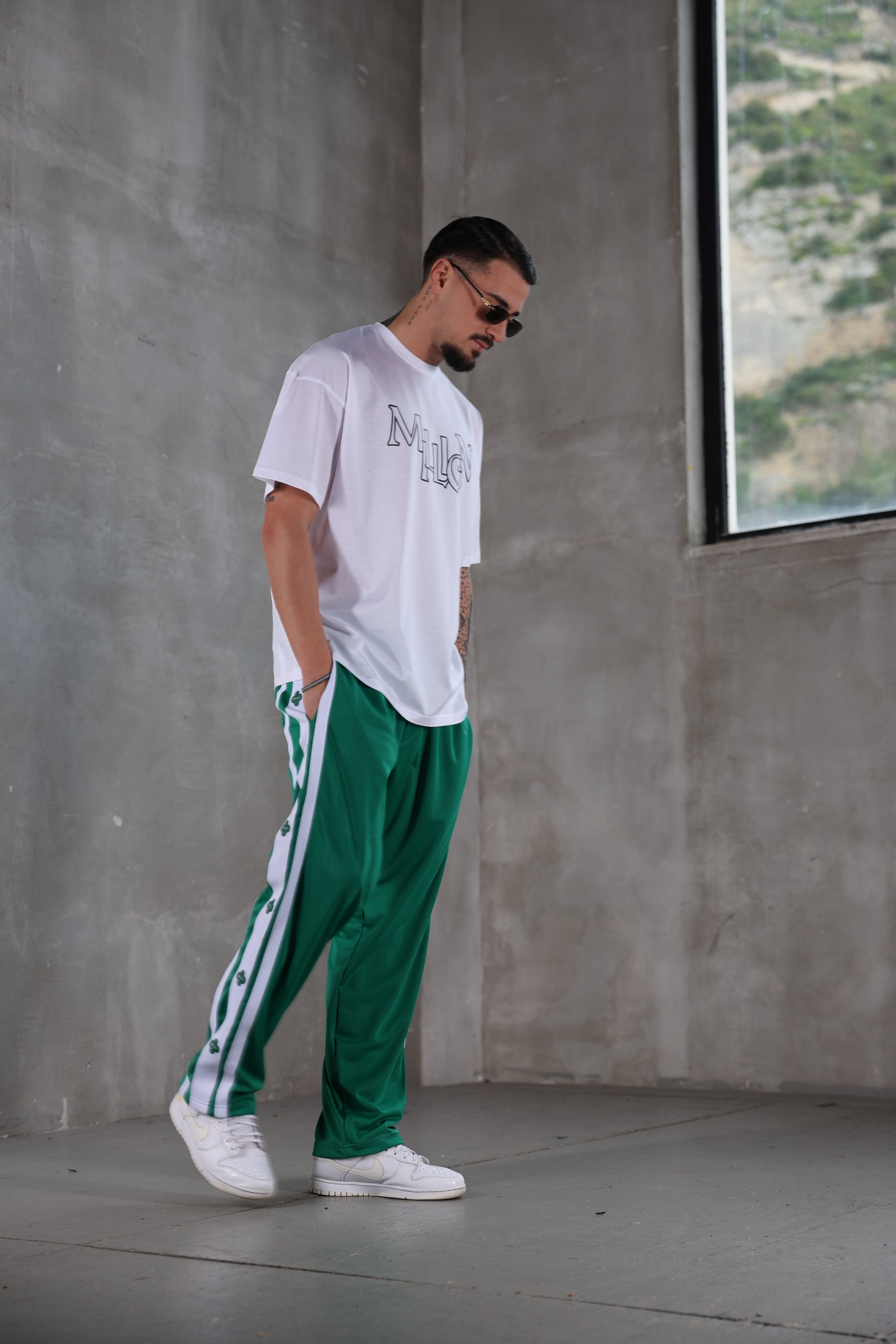 Acetate trousers with three green bands